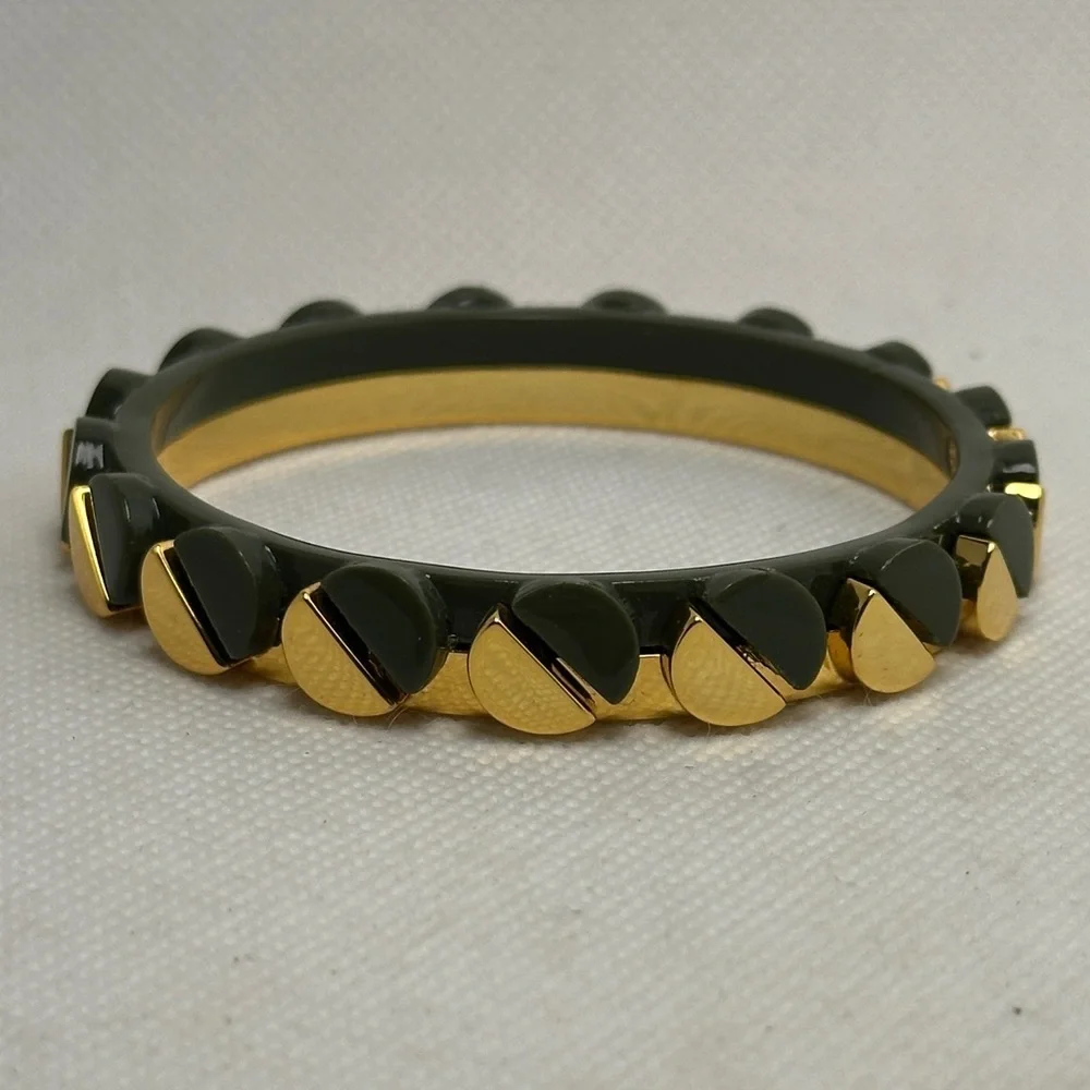 Tory Burch Gold & Dark Green Half-Moon Studded Bangle Bracelet - 2.5” EUC
